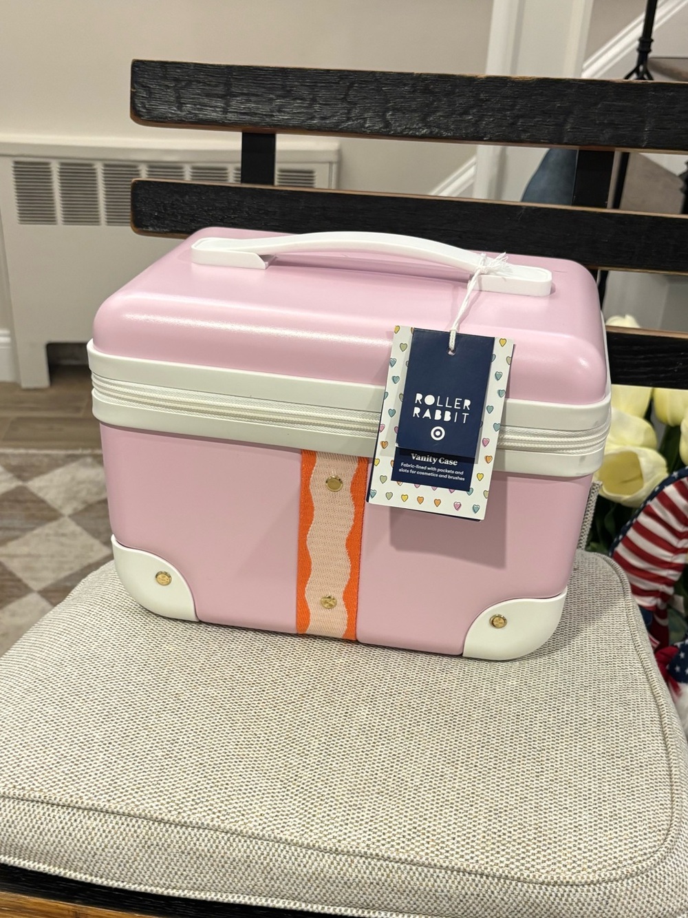 Roller Rabbit Pink Vanity Case with Orange Ribbon Accent NWT